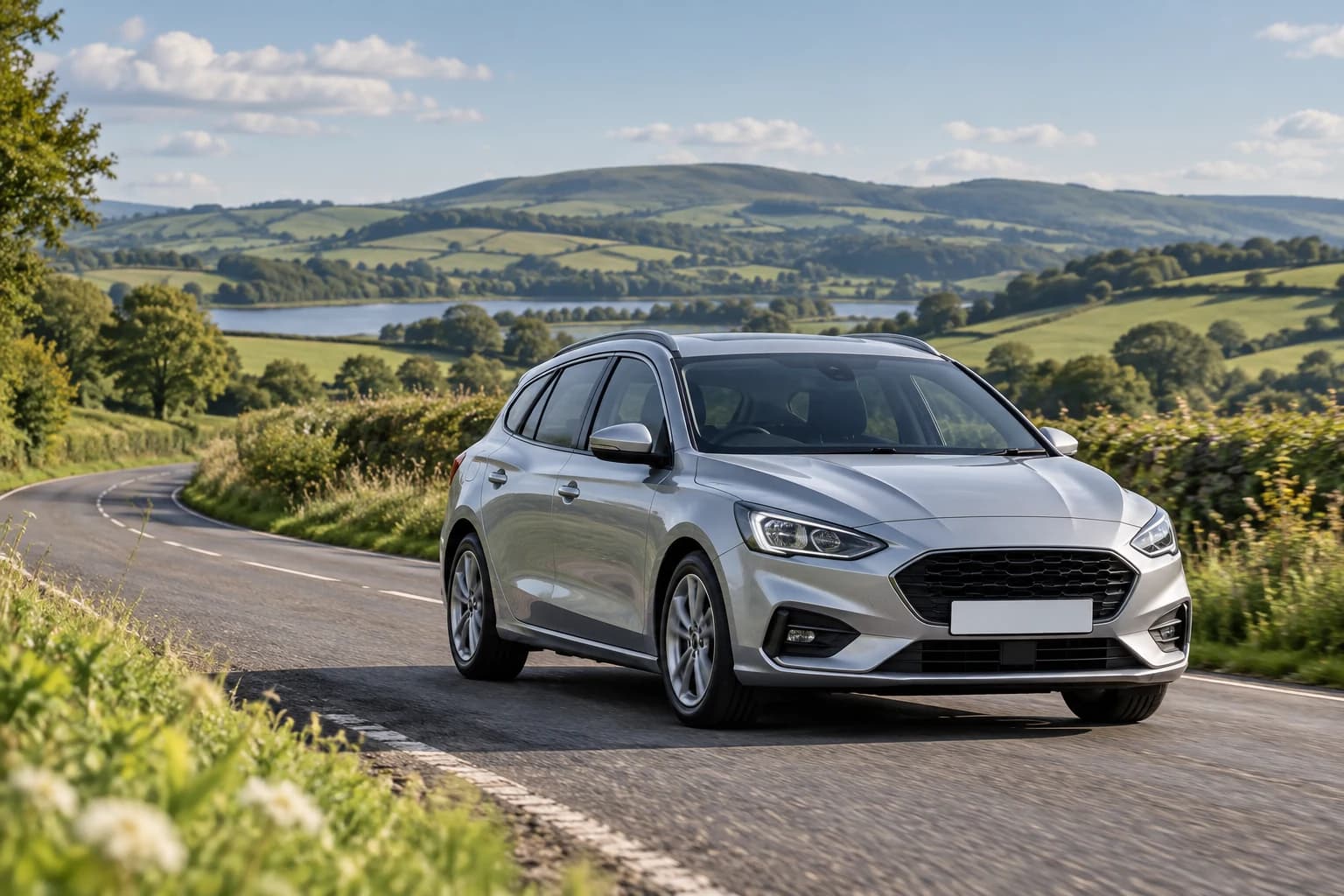 A silver family car on a peaceful British country road